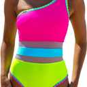 popvil Women's Sexy One Shoulder One Piece Bathing Suits Neon Color Block Swimsuits Slimming Mesh Swimwear, Medium, Neon Hot Pink 