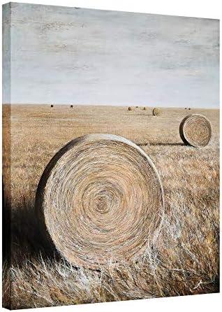 Yihui Arts Rustic Canvas Wall Art Hand Painted Hay Bales Pictures Modern Abstract Vintage Oil Paintings Vertical Artwork for Living Room Bedroom Bathroom Decor, 28L" x 20W"