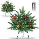 Set of 2 23.6 Inch Lighted Outdoor Christmas Tree Christmas Planter Filler with Remote, 8 Modes, Battery Operated Urn Filler Porch Decorations with Pine Cones, Red Berries for Pathway Yard Home Decor