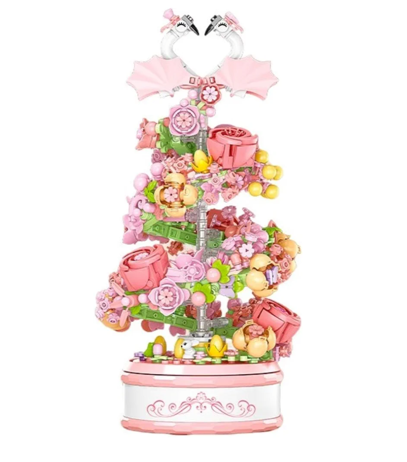 Flowers Music Box Building Block Kit with Light, 713PCS Decoration Rotating Music Box Building Set, Adults or Kids Unique Home Décor, Building Block Ornaments