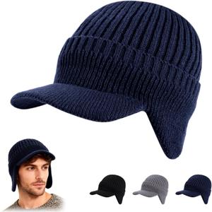Cozy Head Beanie with Brim and Ear Flaps,Winter Knit Beanies for Unisex,Warm Ear Protection Knitted Hat Winter Beanie, Navy 