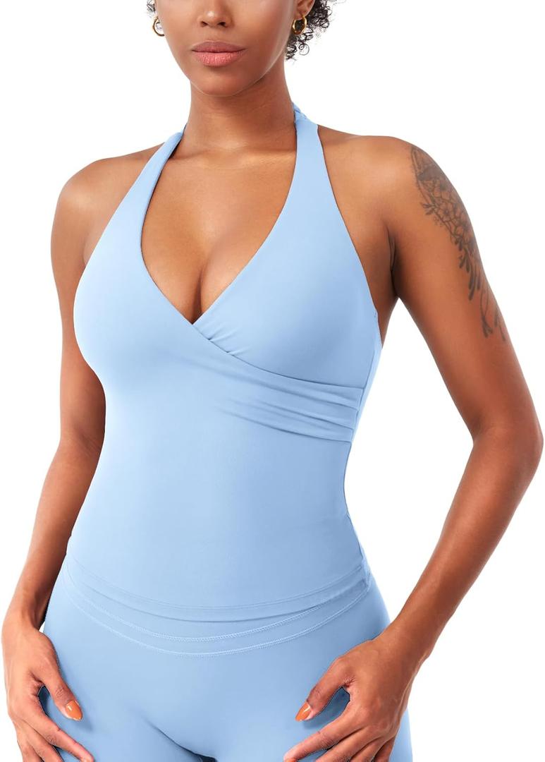 YEOREO Womens Halter Tank Tops Workout Impact Longline Strappy Top Padded Deep V Neck Wrap Gym Backless Bra Camisole Sky Bule S