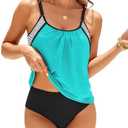 ZAFUL Two Piece Tankini Swimsuit for Women High Waisted Tummy Control Bathing Suit Double Up Tankini Set, L, Lake Blue