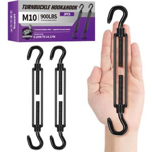2Pcs M10 304 Stainless Steel Hook & Turnbuckle Hook, 900lbs Capacity Heavy Duty Black Turnbuckles for Wire Rope Tension, Sun Shade Tent Hardware, Shade Sail Installation.