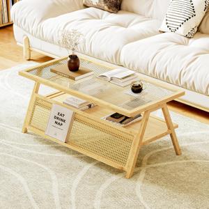 Bamworld Coffee Table with Storage Mid-Century Modern Coffee Table Boho BambooTable with Glass Top for Living Room Office (Nature,small)