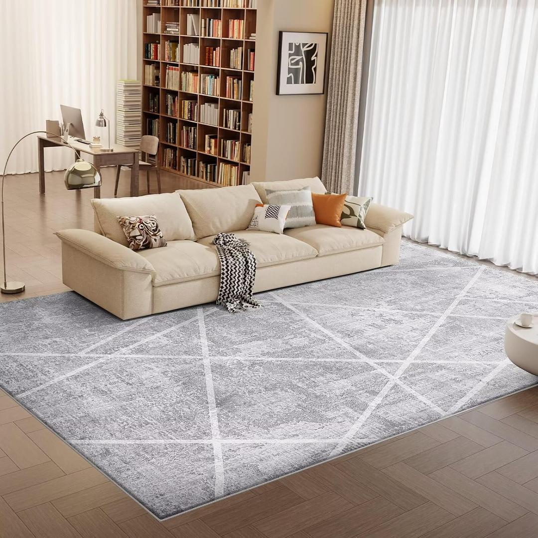 Vamcheer Modern Area Rug 8x10 - Upgraded 10mm Thick Sponge for Exceptional Comfort, Abstract Area Rug for Living Room/Bedroom/Office, Non-Shedding & Easy to Clean, Grey White Oblique Lines