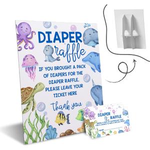Under the Sea Diaper Raffle Tickets with Sign - Ocean Animals Baby Shower Game Card Set-1 Sign and 50 Tickets For Baby Shower Party Supplies - F02