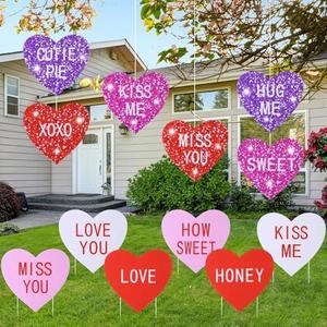 Remerry 12 Pieces Valentine's Day Conversation Hearts Yard Signs with Stakes Large Valentines Yard Lawn Decor Heart Shape Valentine Sayings Lawn Signs for Walkway Outdoor Decorations (Flashing Style)