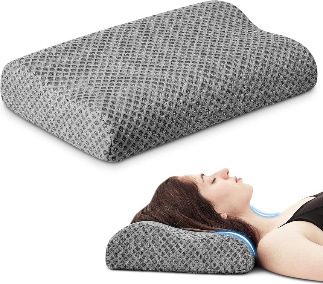 Travel Pillow Memory Foam Pillows, Ergonomic Wave Cervical Neck Pillow for Neck Pain Relief, Compressible Medium Firm Side Sleeper Pillow, Ideal for Camping, Office, Home & Bed (Dark Grey, M) (M-17.7124/3 In)