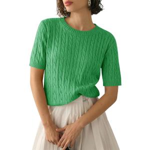 Saodimallsu Womens Cable Knit Sweater Tops Short Sleeve Crew Neck Loose Casual Summer Pullover Sweaters (Green)