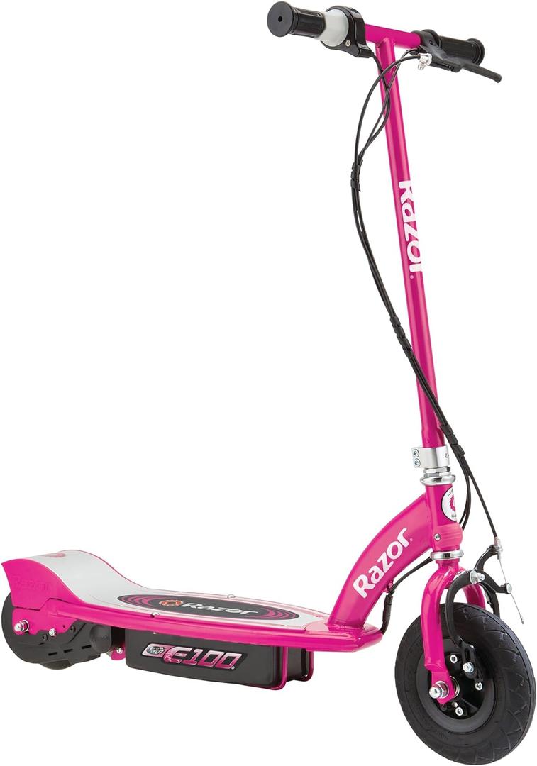 Razor E100 Electric Scooter for Kids Ages 8+ - 8" Pneumatic Front Tire, Hand-Operated Front Brake, Up to 10 Mph and 40 Min of Ride Time, for Riders Up to 120 Lbs (Pink)