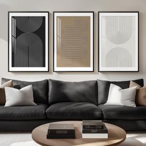 Large Framed Boho Neutral Abstract Wall Art for Living Room, 3 Piece Black White Brown Prints Paintings Artwork for Walls, Modern Minimalist Geometric Pictures for Hallway Office Wall Decor 24x36 In (Boundless LinesPlexiglass)