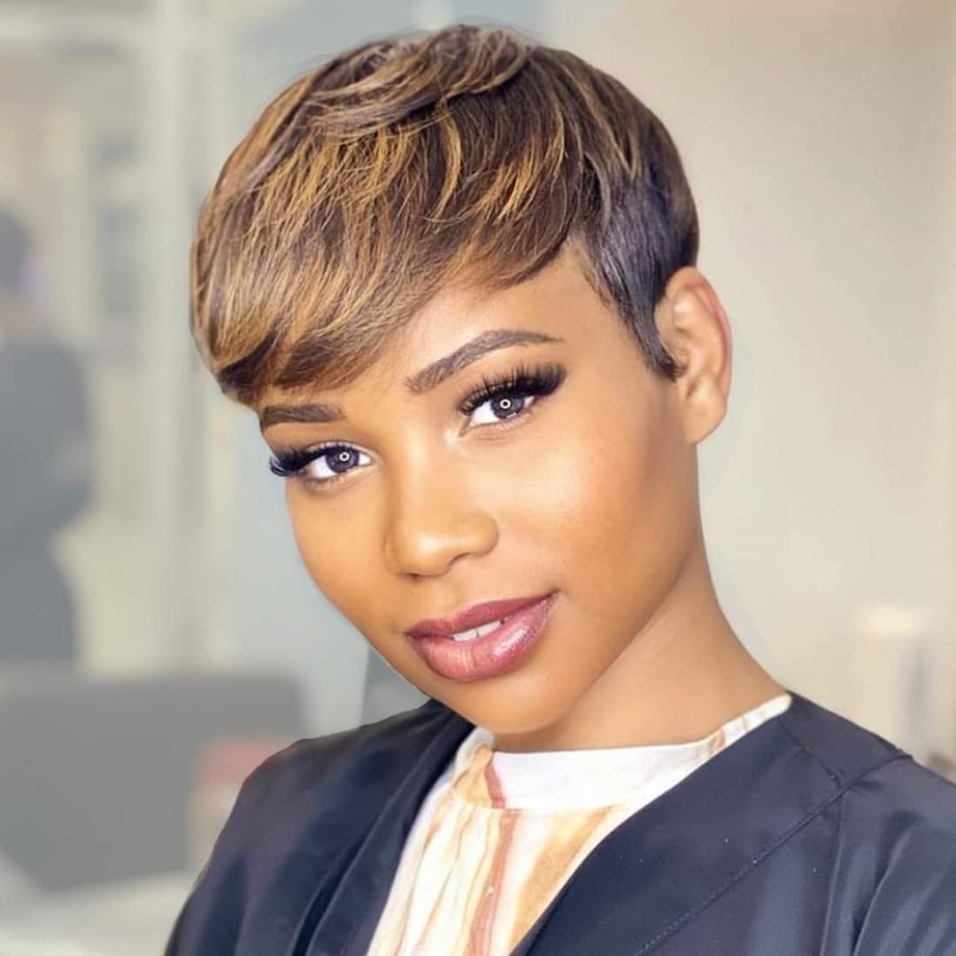 Short Pixie Cut Wigs Ombre Brown to Golden Bob Wig 100% Brazilian Human Hair for Black Women Fluffy Natural Daily Wig Medium Size (P4/27#)