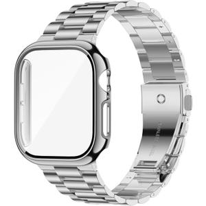 iiteeology Compatible with Apple Watch Band 42mm Series 11 Series 10, Upgraded Stainless Steel Band with iWatch Screen Protector Case for Men Women Silver/Silver