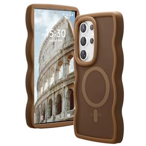 Amzfield for Samsung Galaxy S24 Ultra case Compatible with Magsafe Wavy Cute Design Magnetic Translucent Matte Hard Back Silicone Bumper Protective Phone Case for S24 Ultra Women Girls, Brown