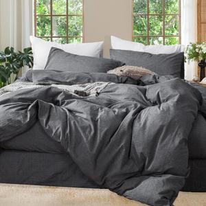 MooMee Bedding Duvet Cover Set 100% Washed Cotton Linen Like Textured Breathable Durable Soft Comfy (Heathered Dark Grey, King 104"x90")