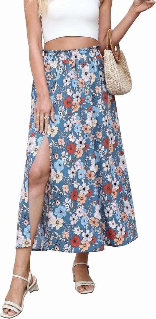 Liyinxi Women's Boho Floral Print Midi Skirt High Waisted with Side Slit Casual A Line Elastic Waistband Long Skirts (US, Alpha, Small, Regular, Regular, Blue Flower)