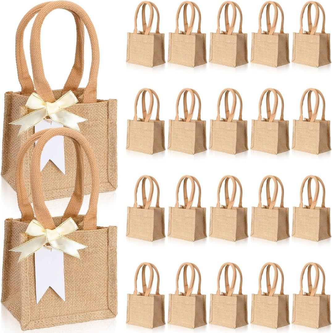Silkfly 20 Pcs Mini Burlap Jute Tote Bags with Handle Small Blank Reusable Market Grocery Bags Bridesmaids Wedding Gift (5 x 5 x 3.94 Inches, Classic)