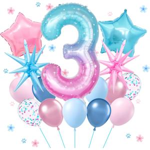 Cartoon 3rd Birthday Decorations for Boys Girls, Starry Sky 3 Balloon Number 40 Inch, Pink and Blue Balloons With Star Balloon For Pink Blue Birthday Decorations