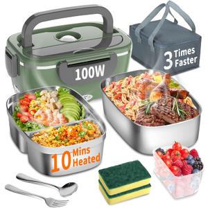 Electric Heated Lunch Box for Adults, 100W 3-IN-1 1.5L Heated Lunch Box for Men Portable with 2 Container, Fast Heating Food Warmer,12V/24V/110V for Car Truck Office Home Travel (GreenGrey)