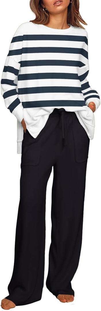 ETCYY NEW Lounge Sets for Women 2 Piece Outfits with Side Split Sweatshirt Tops and Wide Leg Sweatpants (Small, Stripebluewhite)