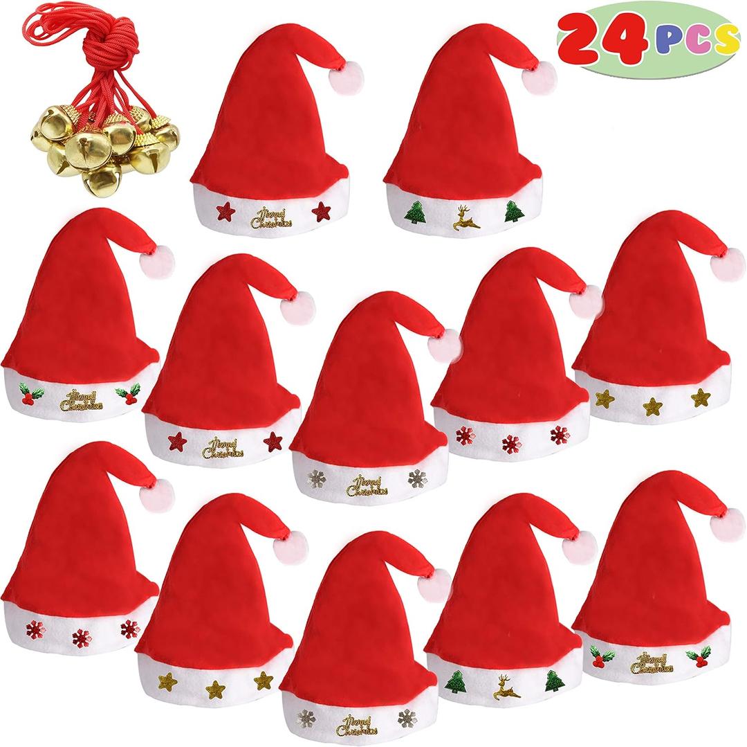 Kiddokids 12 Fancy Christmas Santa Hats with 12 Jingle Bell Necklaces Bulk for Christmas Party Favor Photo Booth; One Size Fits All.