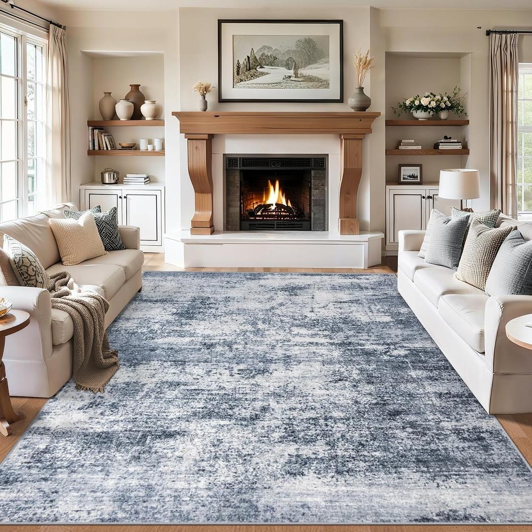 9x12 Area Rug Living Room: Abstract Washable Carpet Grey Blue
