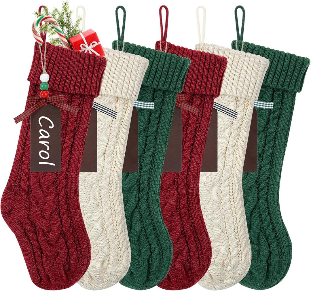 Christmas Stockings, 18 Inches Christmas Stocking with Name Tags Cable Knitted Stocking Decorations for Holiday Party Decor, Burgundy, Green, Ivory