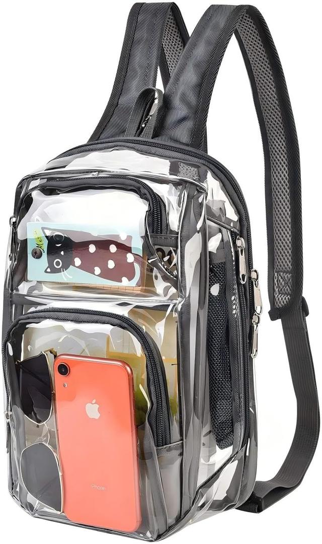 Clear Backpack Stadium Approved 12126 with Breathable Shoulder Straps, Clear Sling Bag for Stadium Work Concert Festival - Grey