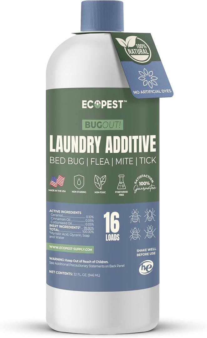 BugOut! Laundry Additive – Natural Detergent Booster for Bed Bug, Mite, Flea, Tick & Carpet Beetle Treatment | Plant-Based Killer, Made with Fabric-Safe Soap | Works in Hot and Cold Wash (32 Oz)