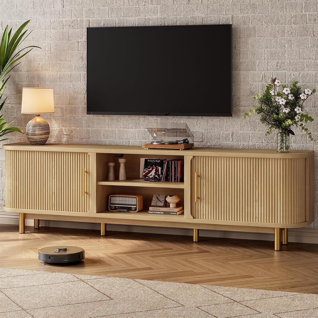 70" TV Stand for TVs Up to 75", Mid Century Modern Fluted Entertainment Center with 2 Storage Cabinets, Sliding Doors, Cable Management, Wood Television Media Console for Living Room, Oak, 70.2" L x 13.8" W x 23.2" H