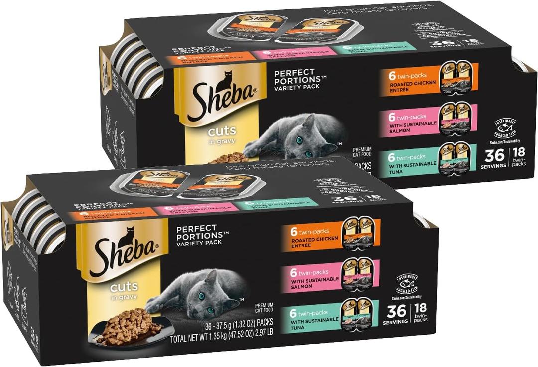 Sheba Perfect Portions Wet Cat Food Cuts in Gravy, Roasted Chicken Entree, with Sustainable Salmon, and with Sustainable Tuna, 2.6 oz. Twin-Pack Trays (18 Count, 36 Servings) (Pack of 2) (EXP 06/17/28)