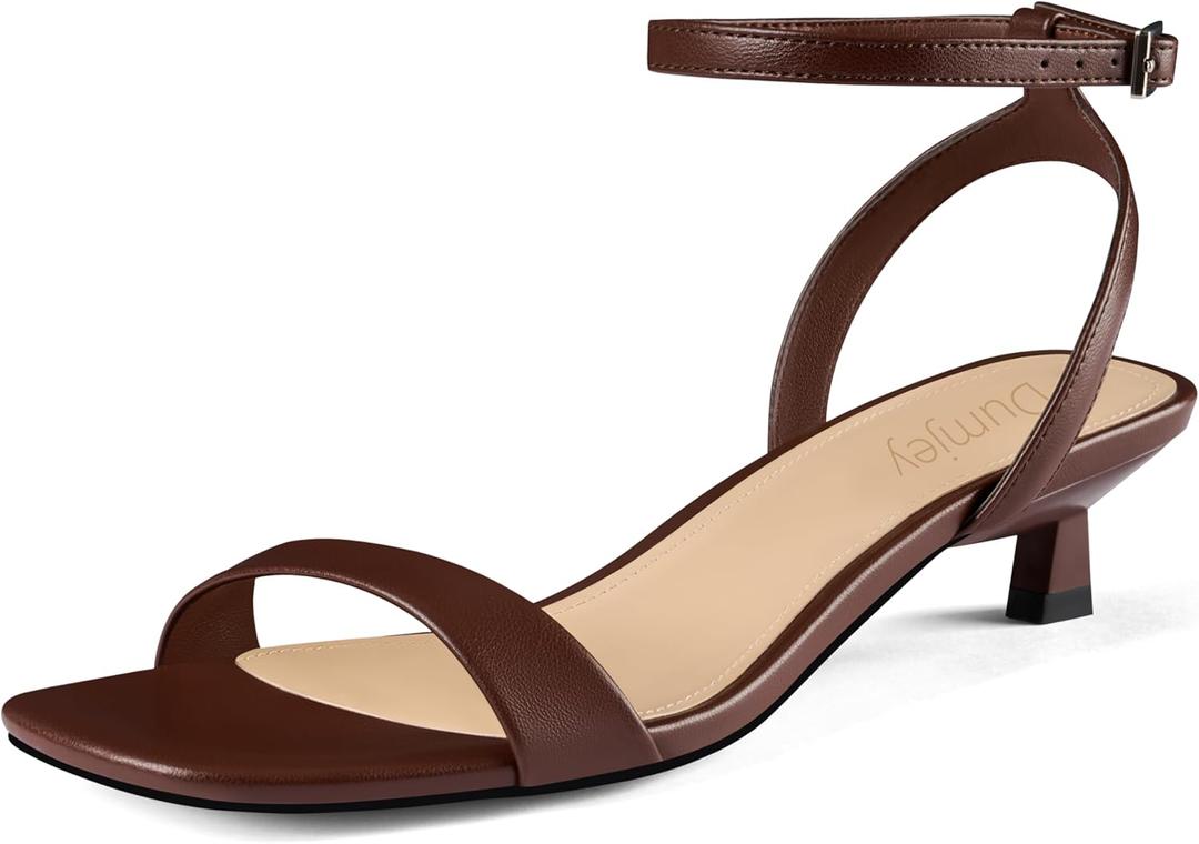 Women Kitten Heel Sandals Ankle Strap Heeled Sandals Square Open Toe Dress Party Shoes (Brown)