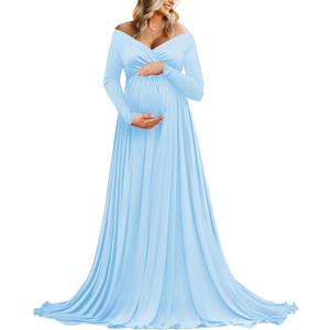 Saslax Maternity Off Shoulders Half Circle Gown for Baby Shower Photo Props Dress (N-light Blue 59)