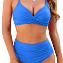 ZAFUL Women High Waisted Bikini Sets Two Piece Swimsuit Push Up Twist Front Ruched Bathing Suit (Blue, L)