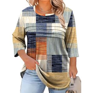 LOMON Plus Size Women Blouses 3/4 Length Sleeve Tops Crewneck Pleated Casual Tees Shirts 1X-5X (Blanket Print)
