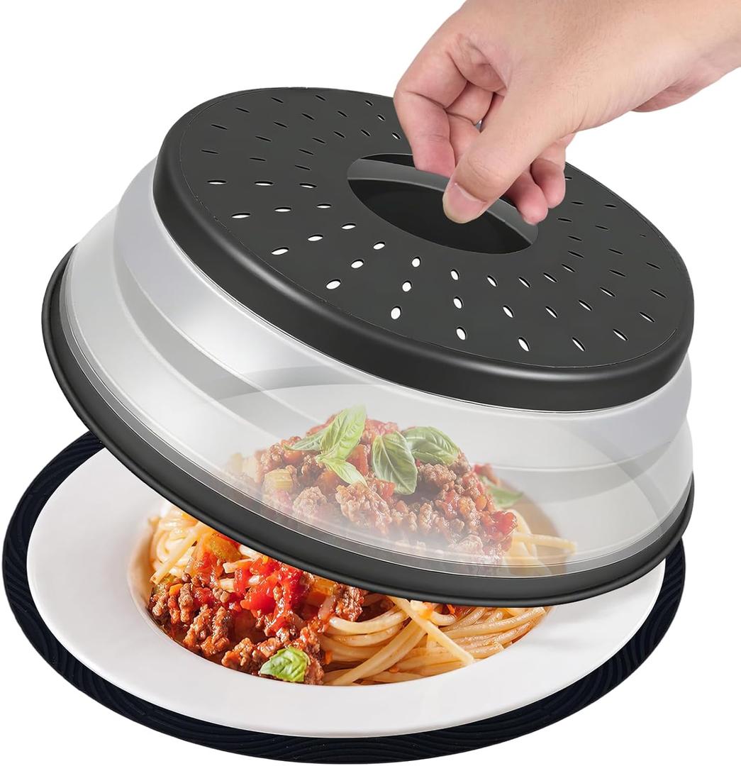WENWELL 12 Inchs Microwave Splatter Cover & Silicone Mat, Large Vented Collapsible Guard dish Plate lid & Round Kitchen mat for food (black)