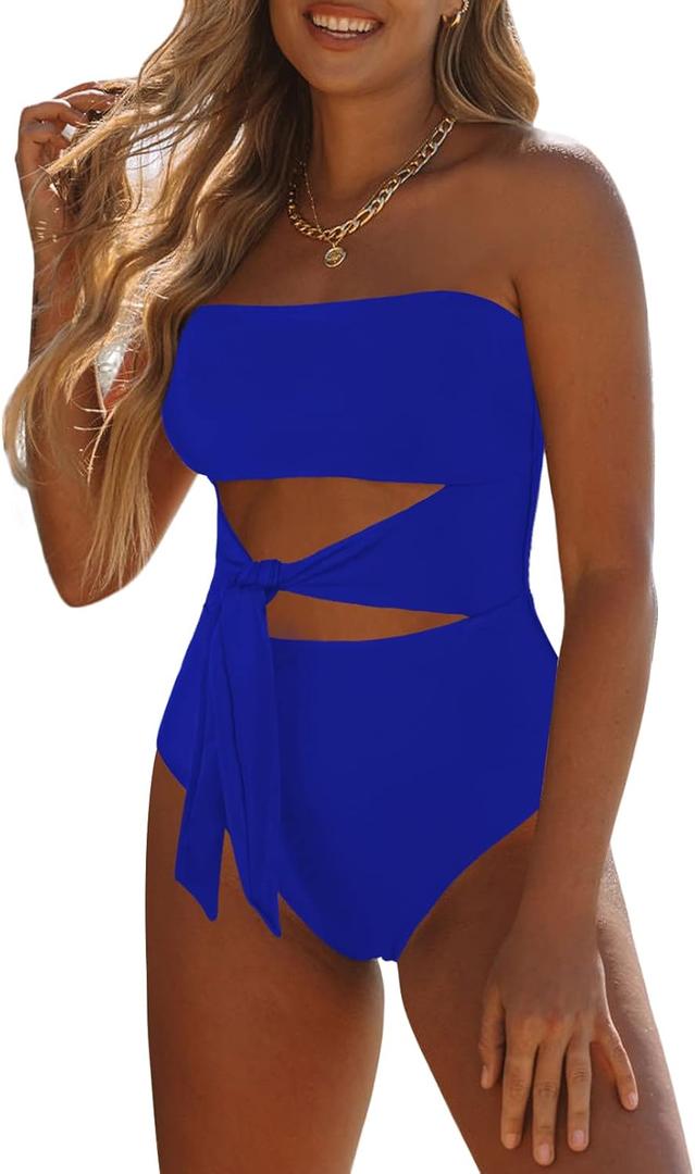 Viottiset Women's Bandeau One Piece Swimsuit Strapless Tie High Cut Out Bathing Suit (Medium, Blue)
