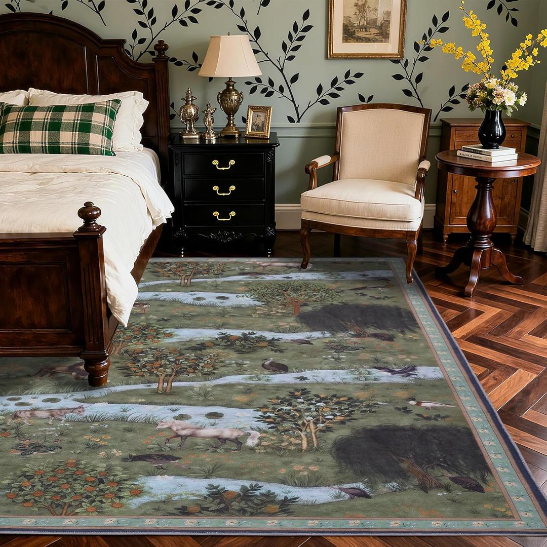 Washable 8x10 ft Area Rugs -Large Rugs for Living Room Vintage Rugs Stain Resistant Carpet for Bedroom with Non Slip Backing Home Decor Animal and Grass Design (Green)