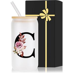 Monogrammed Glass Drinking Cup With Lid Straw Girlfriend Gf Future Mrs for Her Women Boyfriend 1 One Year Anniversary Meaningful Cute Romantic Christmas Xmas First Valentines I Love You More Gifts,C