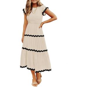 ZESICA Women's Summer Flutter Short Sleeve Smocked Midi Dress Casual High Waist Rickrack Tiered Flowy Dresses (X-Large, Apricot)