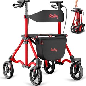 Rollator Walkers for Seniors with Seat, Foldable Travel Rolling Walker, 300lbs Capacity, lightweight Compact Portable Walker with Seat,Adjustable Height for Tall over 6ft,8" Big Wheels(Standard Model) (Red)