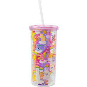 Silver Buffalo Care Bears Rainbow Stars Featuring Funshine, Grumpy, Cheer, Tenderheart Iridescent Plastic Tall Cold Cup With Lid and Straw, 20 Ounces