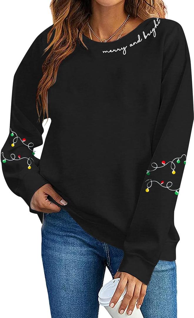 Christmas Sweatshirt Women Christmas Light Sweatshirts Merry And Bright Xmas Long Sleeve Shirts Crewneck Pullover Tops (Black, S)