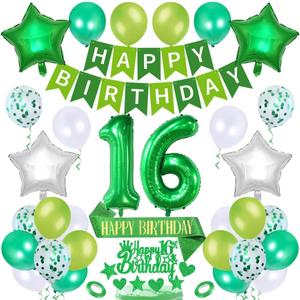 16 Birthday Decoration Number Balloon Set Happy Birthday Banner Star Foil Latex Balloons Glitter Satin Sashes Cupcake Toppers Party Decor 16th Years Old Decorations Party Supplies, Green