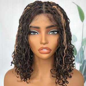 SOKU Braided Wigs for Black Women, 13 Inch Mini Twist Short Braided Wig 4x4 Lace Frontal Box Braid Wig Blonde Highlights Curly Braids Glue less Wigs for Daily Wearing