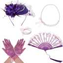 Fumwase 5Pcs Tea Party Accessories Set for Women Afternoon Tea Accessories Kit Gloves Hats Necklace Fan Bracelet