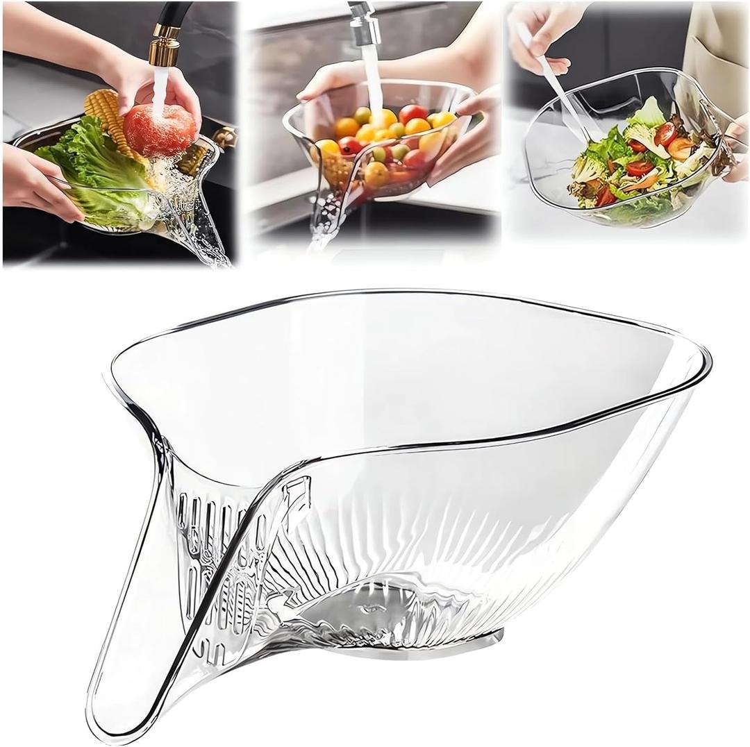 Multi-functional Drain Basket - 2024 New Fruit Cleaning Bowl with Strainer Container, Kitchen Sink Food Catcher Drainer Rinser Vegetable Washing Filter over the Colander (1PC, Clear)