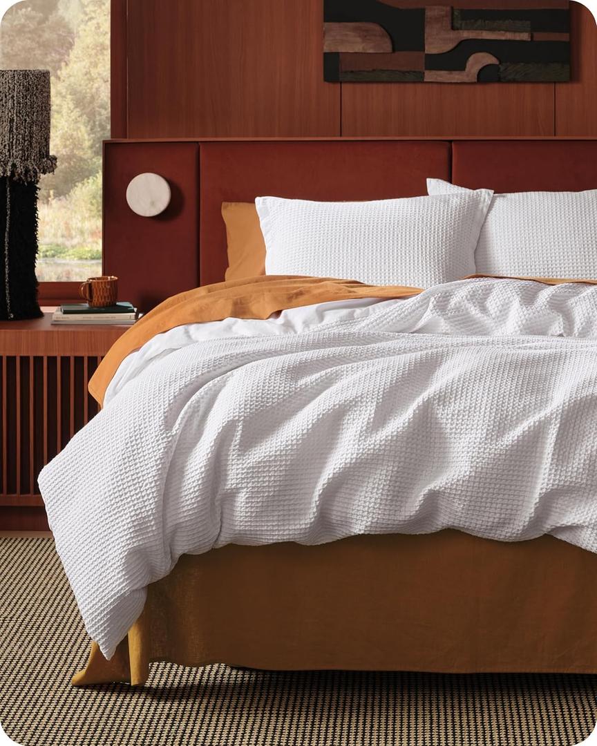 Bedsure Cotton Duvet Cover Queen - 100% Cotton Waffle Weave Bright White Duvet Cover Queen Size, GentleSoft and Breathable Bedding Set for All Season, 3 Pieces, 90"x90"