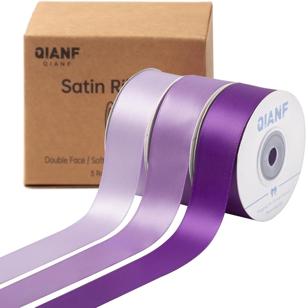 QIANF Purple Double Face Satin Ribbon 1 Inch x 45 Yards Lavender Fabric Ribbon for Gift Wrapping, Flower Bouquets, Hair Bows Making, Wedding Decoration, Invitation Cards, Christmas (3 Rolls *15Yd)